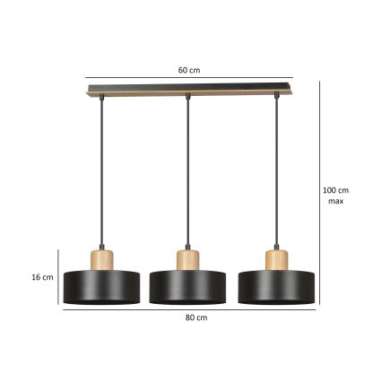 Luster na lanku TORIN 3xE27/15W/230V čierna