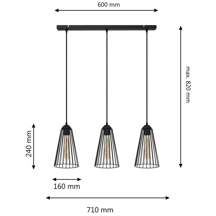 Luster na lanku TORRI 3xE27/15W/230V čierna