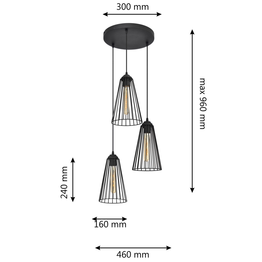 Luster na lanku TORRI 3xE27/15W/230V čierna