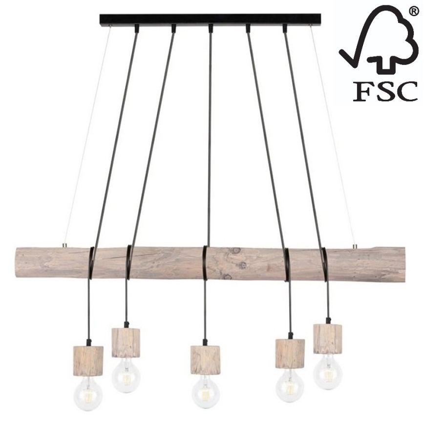 Luster na lanku TRABO 5xE27/60W/230V borovica – FSC certifikované