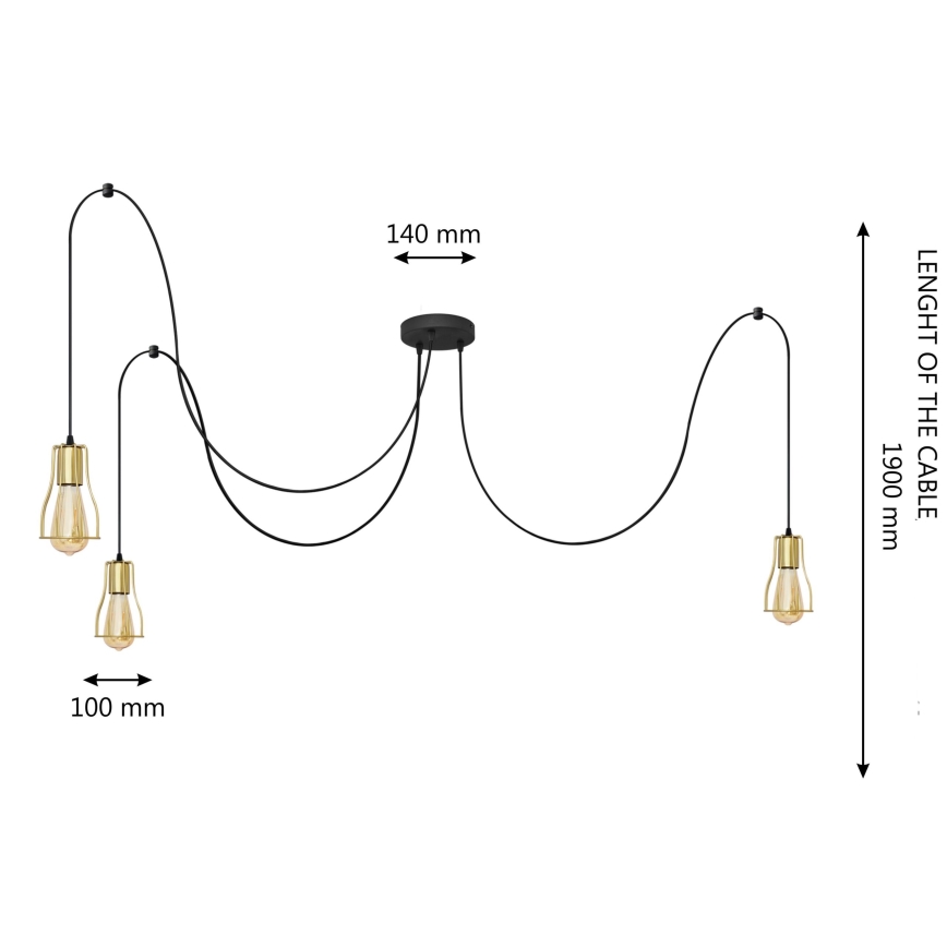 Luster na lanku TUBE 3xE27/10W/230V pavúk čierna/zlatá
