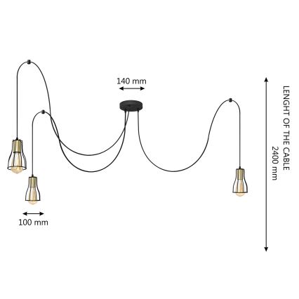 Luster na lanku TUBE 3xE27/10W/230V pavúk čierna/zlatá