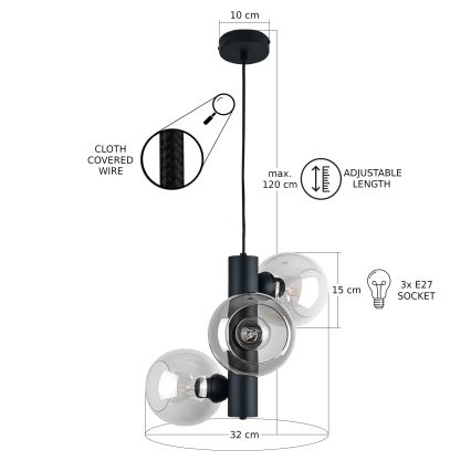 Luster na lanku TUBE 3xE27/60W/230V čierna/číra