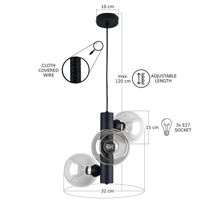 Luster na lanku TUBE 3xE27/60W/230V čierna/číra