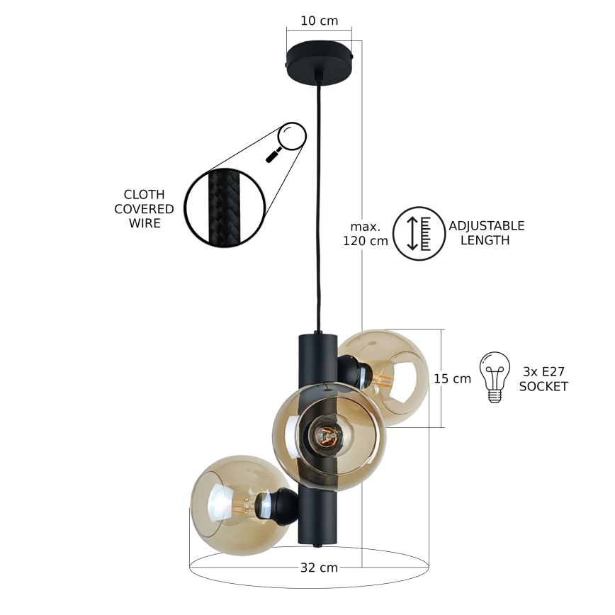 Luster na lanku TUBE 3xE27/60W/230V čierna/dymová béžová