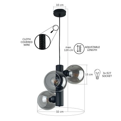 Luster na lanku TUBE 3xE27/60W/230V čierna/dymová čierna