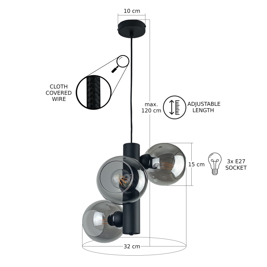 Luster na lanku TUBE 3xE27/60W/230V čierna/dymová čierna