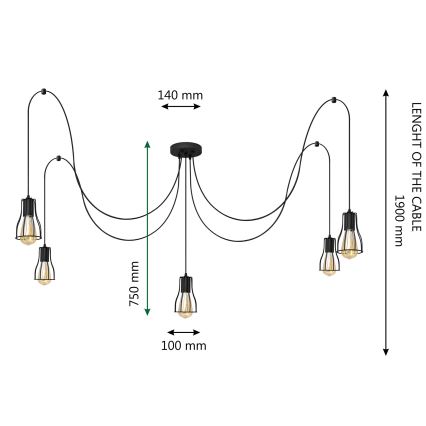 Luster na lanku TUBE 5xE27/15W/230V pavúk čierna