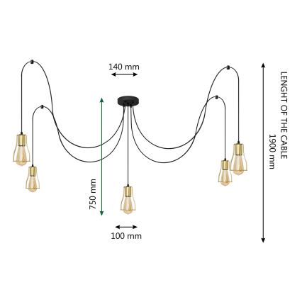 Luster na lanku TUBE 5xE27/15W/230V pavúk čierna/zlatá
