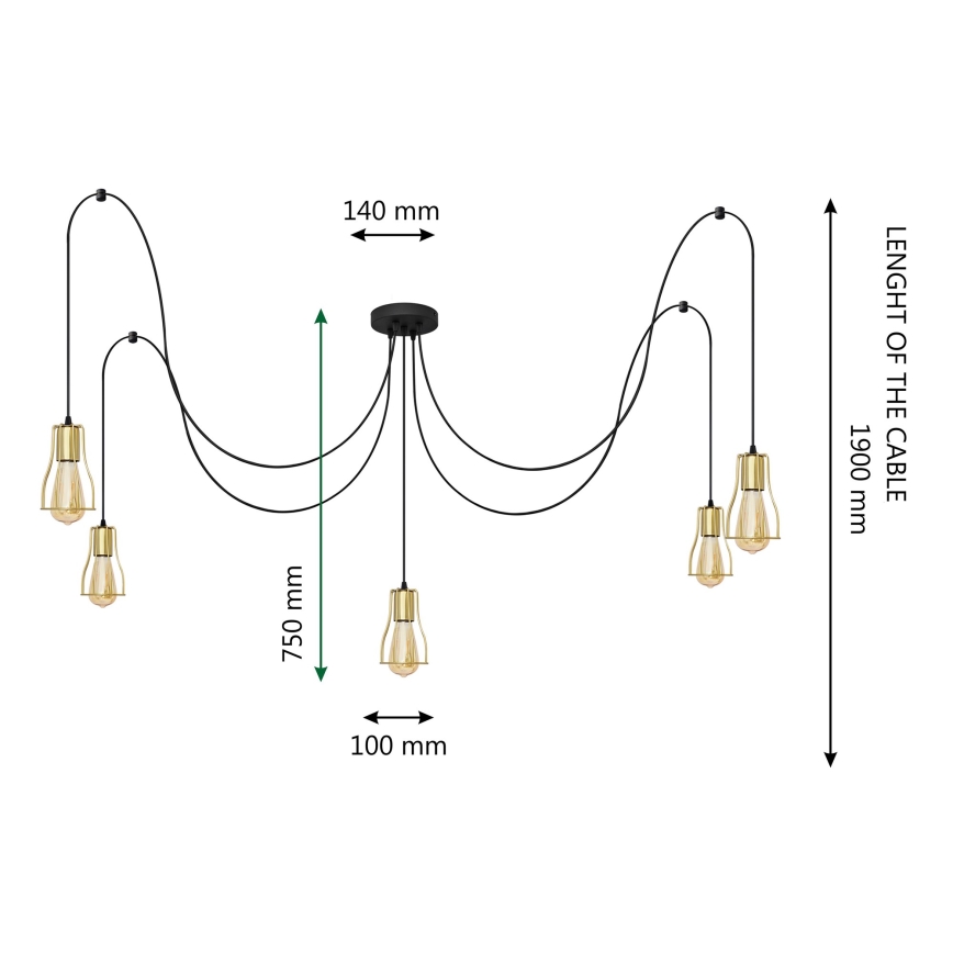 Luster na lanku TUBE 5xE27/15W/230V pavúk čierna/zlatá