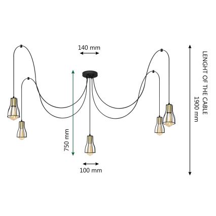 Luster na lanku TUBE 5xE27/15W/230V pavúk čierna/zlatá