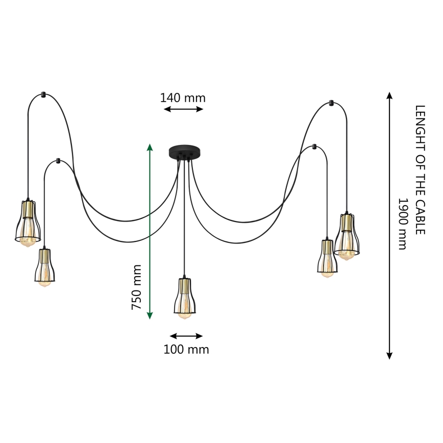 Luster na lanku TUBE 5xE27/15W/230V pavúk čierna/zlatá