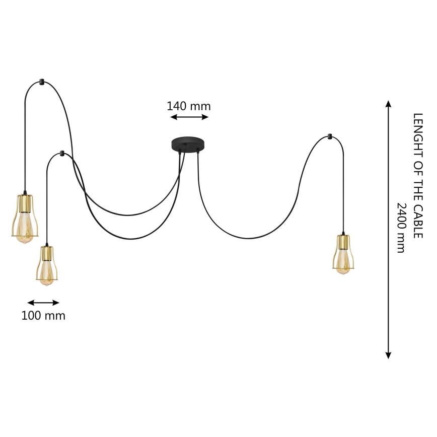 Luster na lanku TUBE LONG 3xE27/10W/230V čierna/zlatá