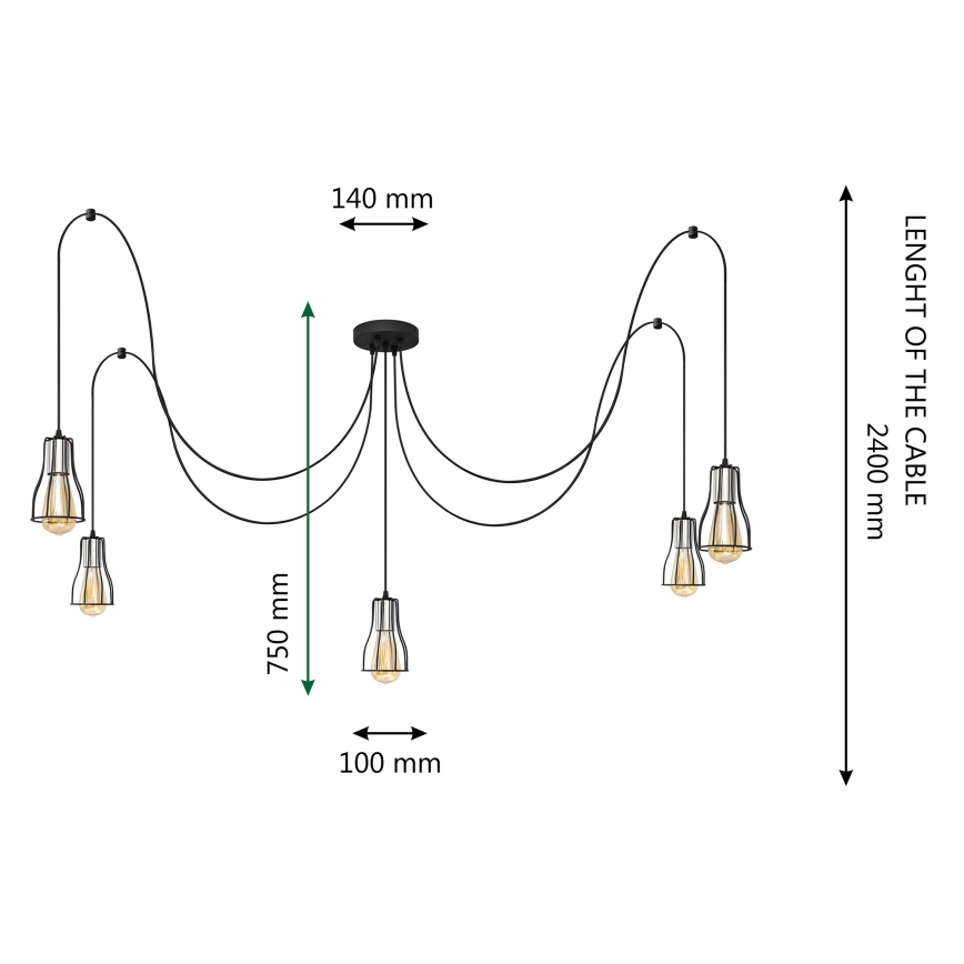 Luster na lanku TUBE LONG 5xE27/15W/230V čierna/lesklý chróm