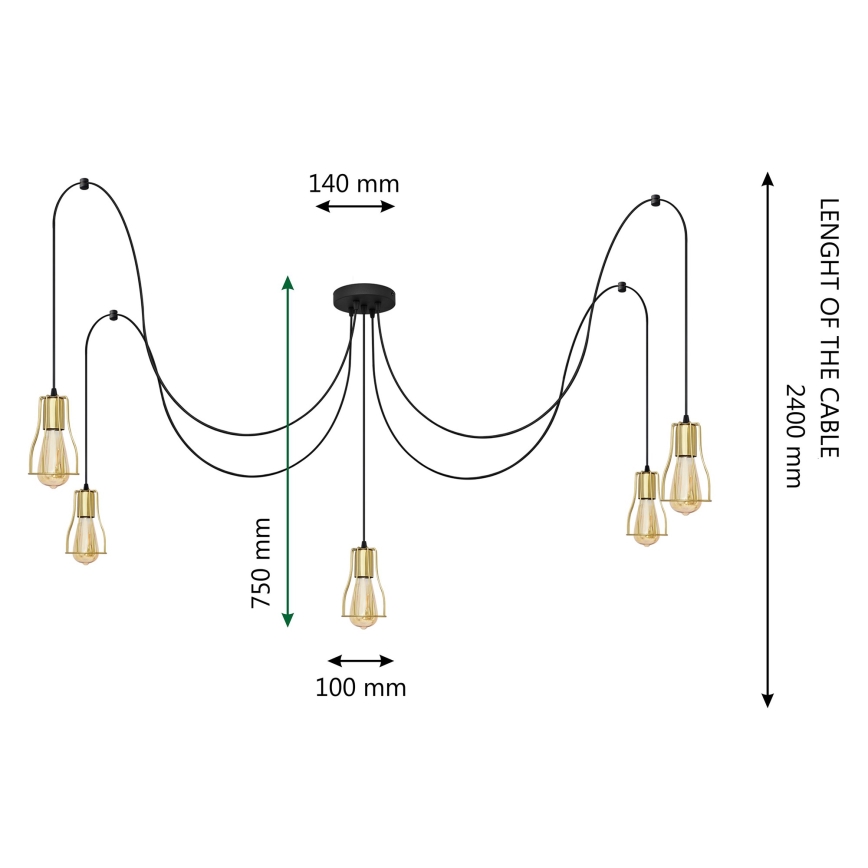 Luster na lanku TUBE LONG 5xE27/15W/230V čierna/zlatá