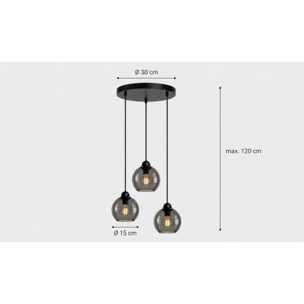Luster na lanku UNO 3xE27/60W/230V čierna/dymová