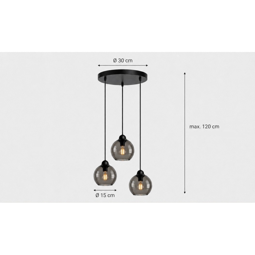 Luster na lanku UNO 3xE27/60W/230V čierna/dymová
