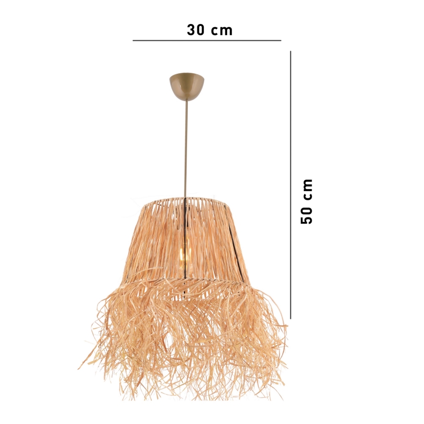 Závesné svietidlo visí zo stropu. Je vyrobené z prírodného materiálu, podobného slame, s rozšíreným spodkom. Rozmery: výška 50 cm, priemer vrchnej časti 30 cm.