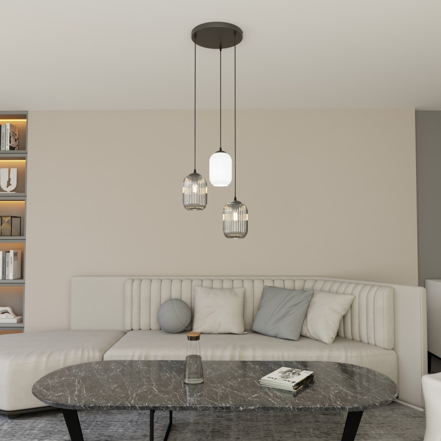 Luster na lanku VERDI 3xE27/15W/230V pr. 30 cm čierna/šedá/biela