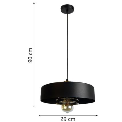 Čierna závesná lampa s valcovým tienidlom a priemerom 29 cm visí na 90 cm dlhom kábli. Svetlo je doplnené kovovou mriežkou a sklenenou žiarovkou.