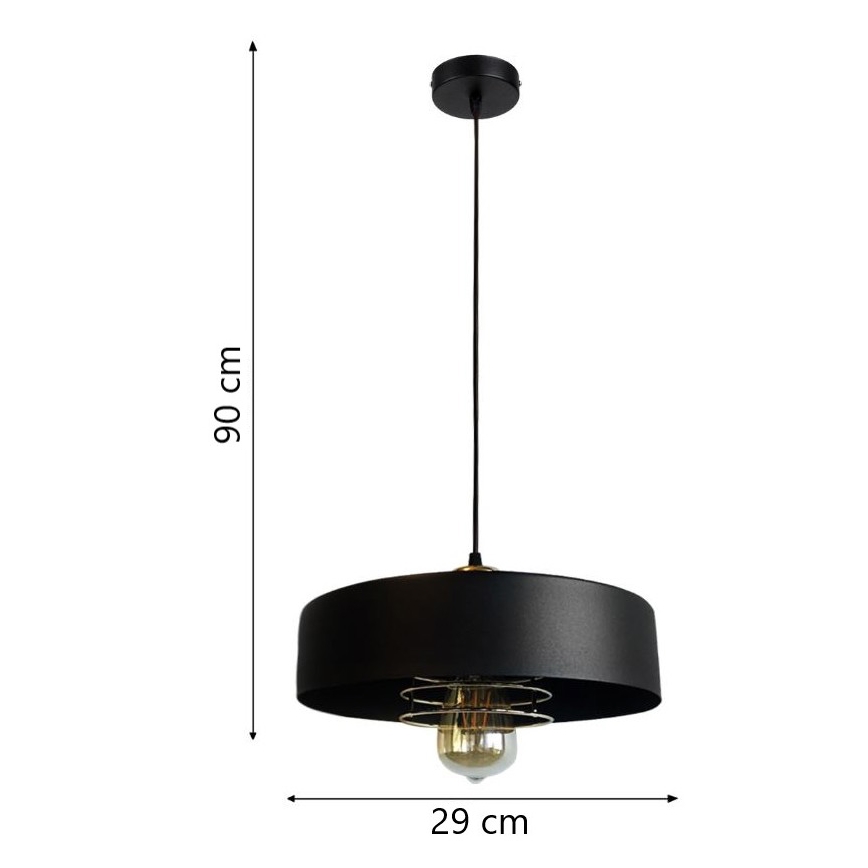 Čierna závesná lampa s valcovým tienidlom a priemerom 29 cm visí na 90 cm dlhom kábli. Svetlo je doplnené kovovou mriežkou a sklenenou žiarovkou.