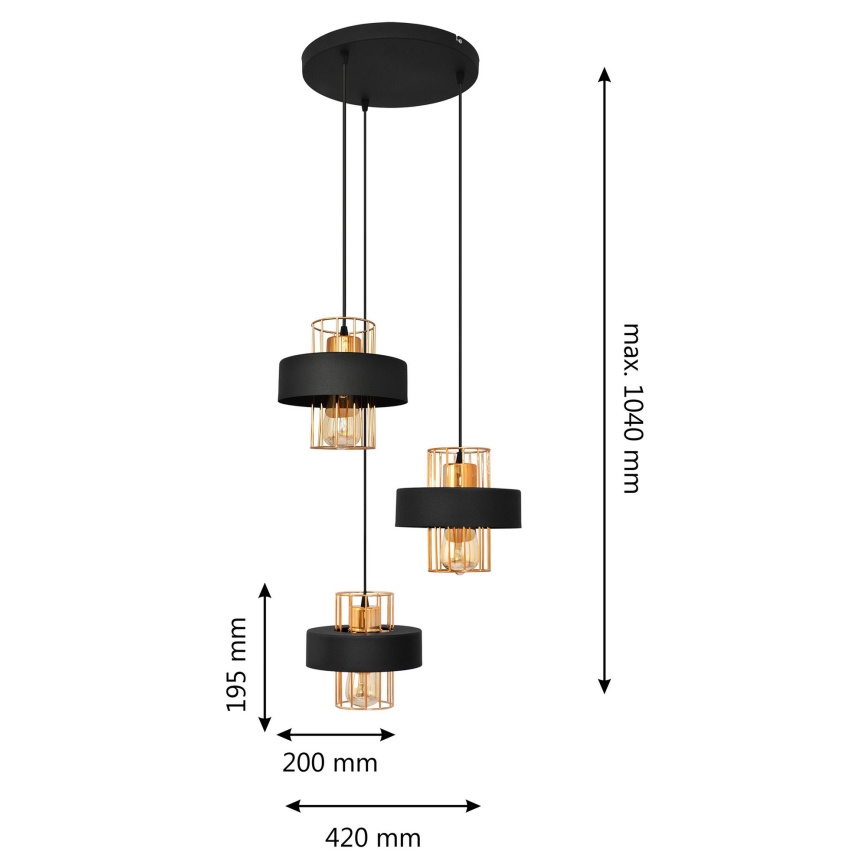 Luster na lanku VOLTA 3xE27/15W/230V čierna/zlatá