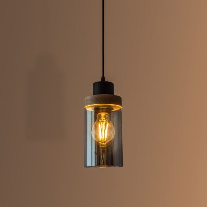 Luster na lanku WOODNEST 1xE27/15W/230V borovica/dymová čierna