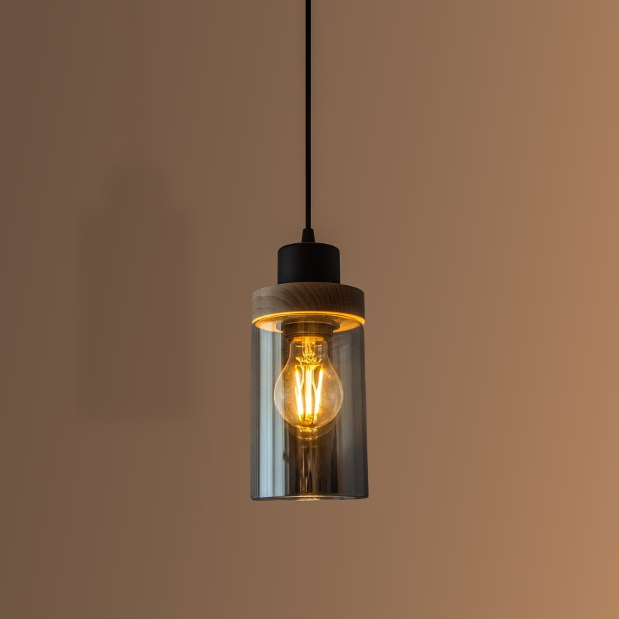 Luster na lanku WOODNEST 1xE27/15W/230V borovica/dymová čierna