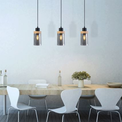 Luster na lanku WOODNEST 3xE27/15W/230V borovica/dymovo čierna