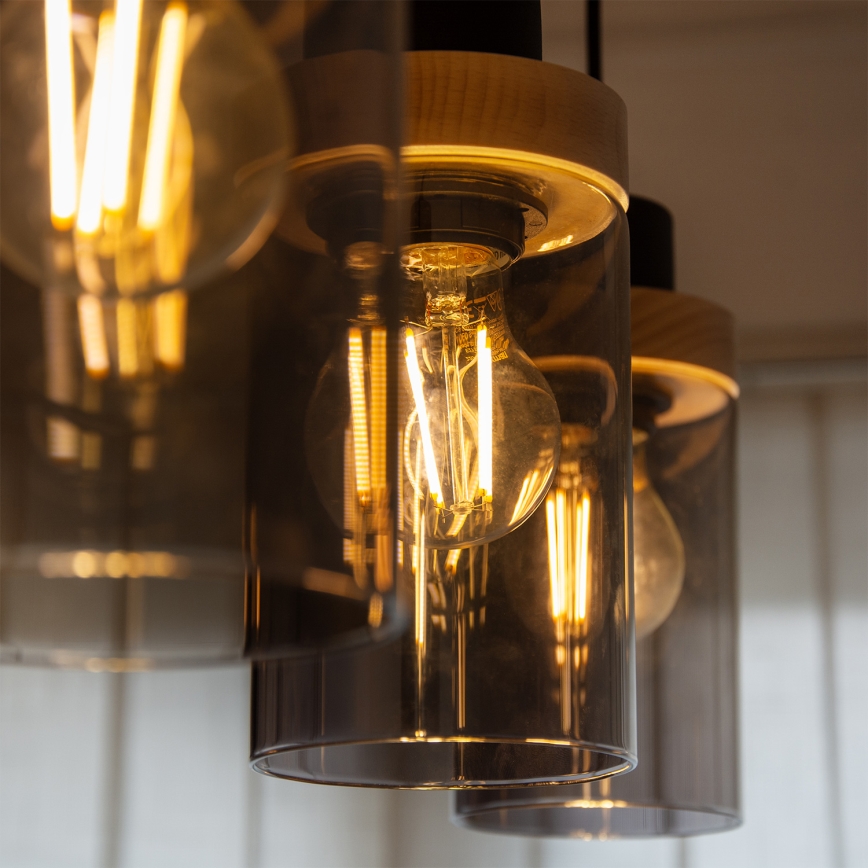 Luster na lanku WOODNEST 3xE27/15W/230V borovica/dymovo čierna