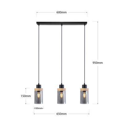 Luster na lanku WOODNEST 3xE27/15W/230V borovica/dymovo čierna