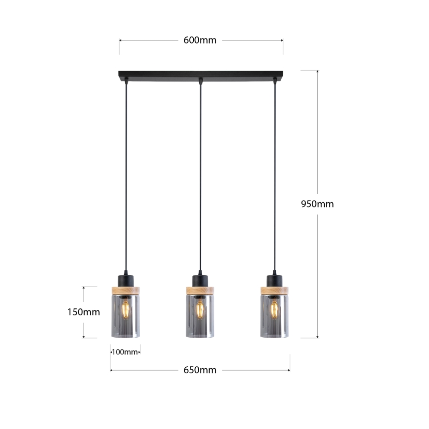 Luster na lanku WOODNEST 3xE27/15W/230V borovica/dymovo čierna