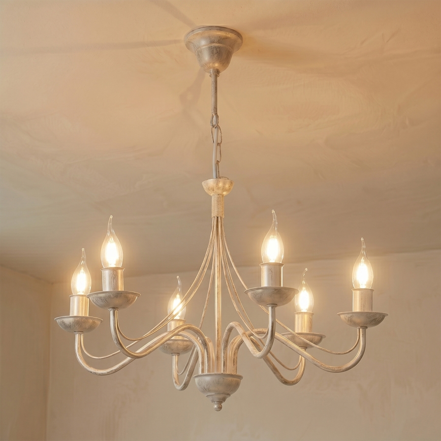 Luster na reťazi ANTON 6xE14/60W/230V biela patina