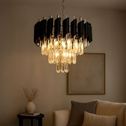 Luster na reťazi CRISTAL 5xE14/10W/230V čierna/matný chróm