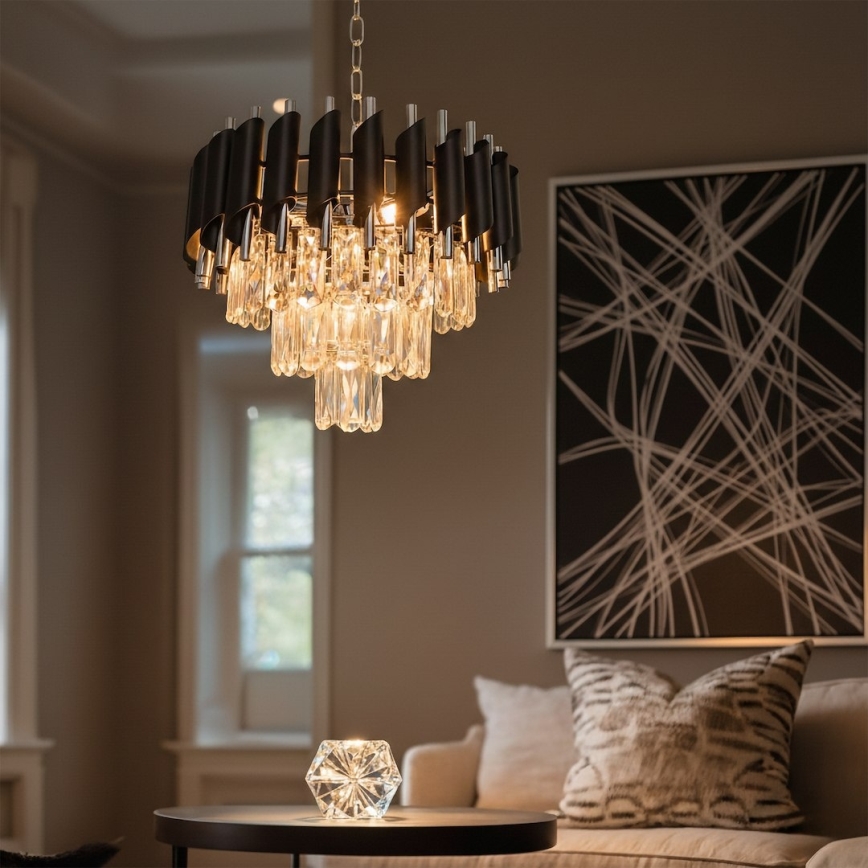 Luster na reťazi CRISTAL 5xE14/10W/230V čierna/matný chróm