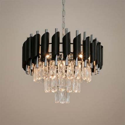 Luster na reťazi CRISTAL 5xE14/10W/230V čierna/matný chróm