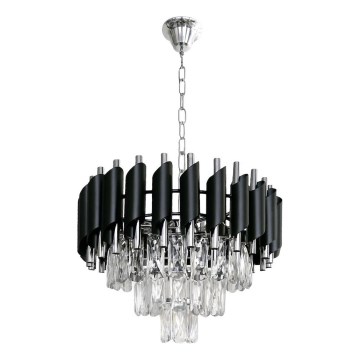 Luster na reťazi CRISTAL 5xE14/10W/230V, priemer 38 cm, čierna / matný chróm