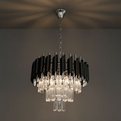 Luster na reťazi CRISTAL 5xE14/10W/230V, priemer 38 cm, čierna / matný chróm