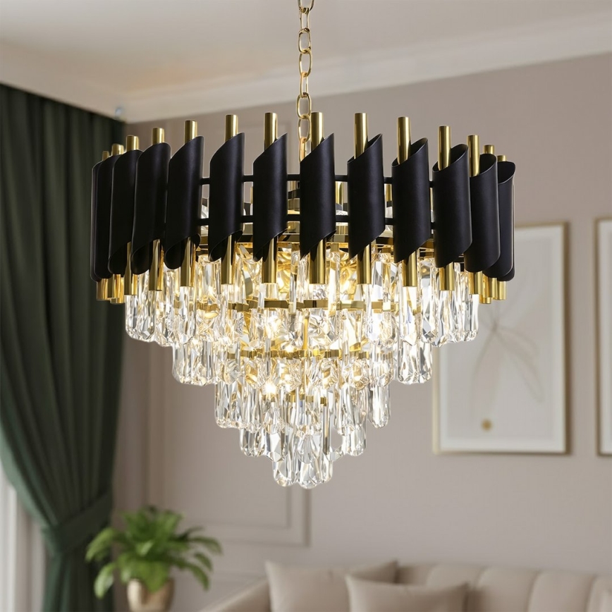 Luster na reťazi CRISTAL 7xE14/10W/230V priemer 48 cm čierna/zlatá
