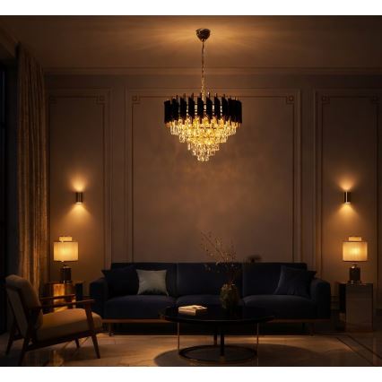 Luster na reťazi CRISTAL 7xE14/10W/230V priemer 48 cm čierna/zlatá