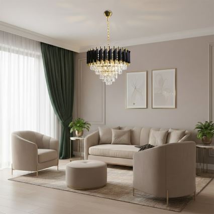 Luster na reťazi CRISTAL 7xE14/10W/230V priemer 48 cm čierna/zlatá