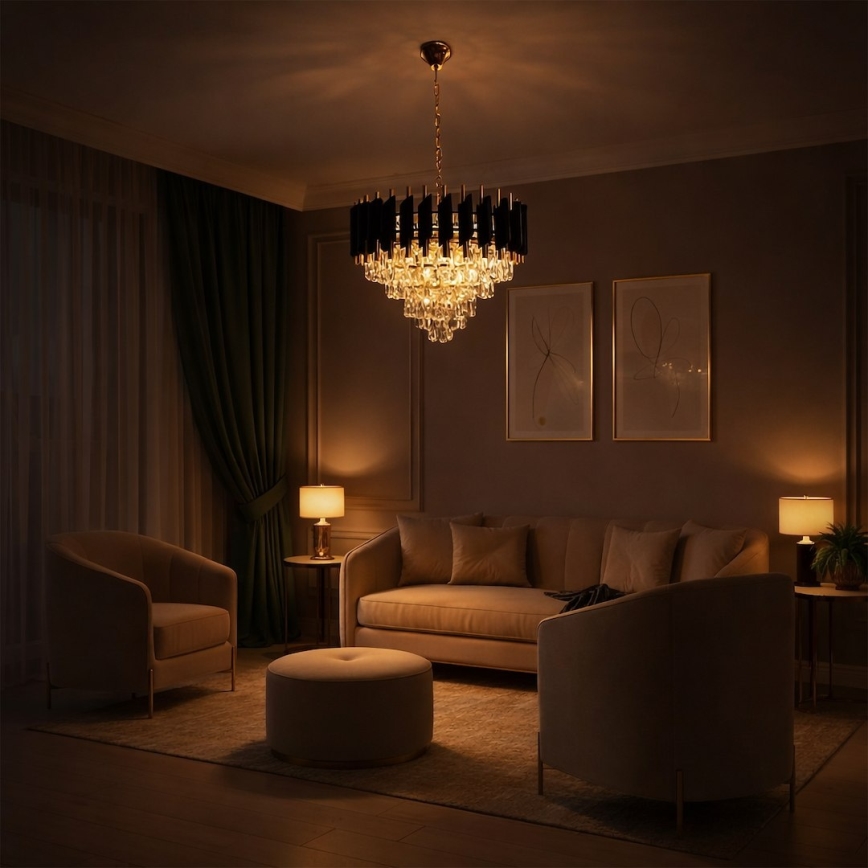 Luster na reťazi CRISTAL 7xE14/10W/230V priemer 48 cm čierna/zlatá