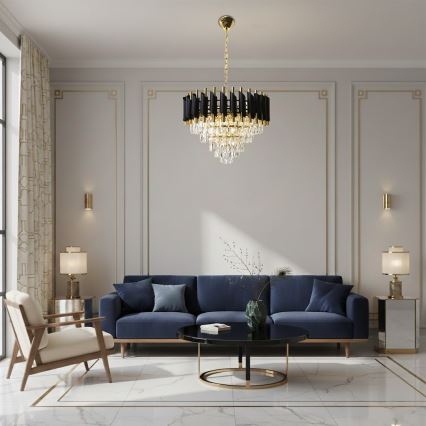 Luster na reťazi CRISTAL 7xE14/10W/230V priemer 48 cm čierna/zlatá