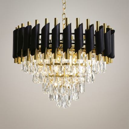 Luster na reťazi CRISTAL 7xE14/10W/230V priemer 48 cm čierna/zlatá