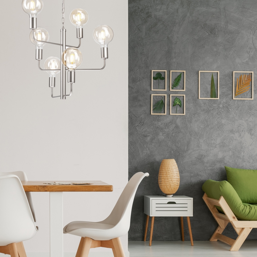 Luster na reťazi ORLANDO 6xE27/60W/230V strieborná
