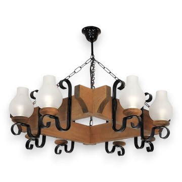 Drevený luster s kovou konštrukciou visí zo stropu. Šesť mliečnych sklenených tienidiel je pripevnených k drevenému rámu. Luster je zavesený na reťazi.