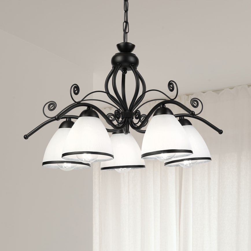 Luster na reťazi RETRO 5xE27/60W/230V čierna/biela
