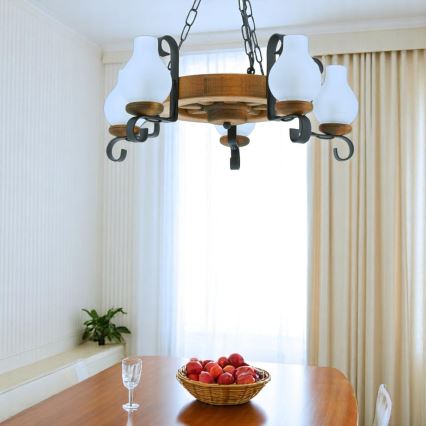 Luster na reťazi ROATA 5xE14/40W/230V pr. 30 cm buk - FSC certifikované
