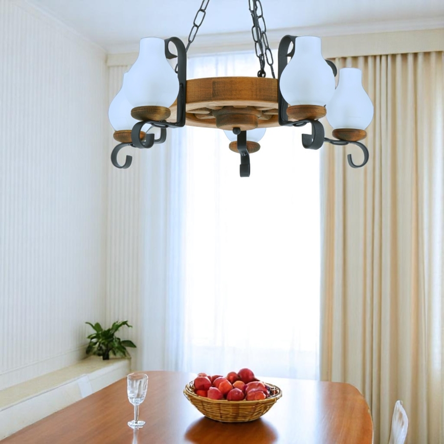 Luster na reťazi ROATA 5xE14/40W/230V pr. 30 cm buk