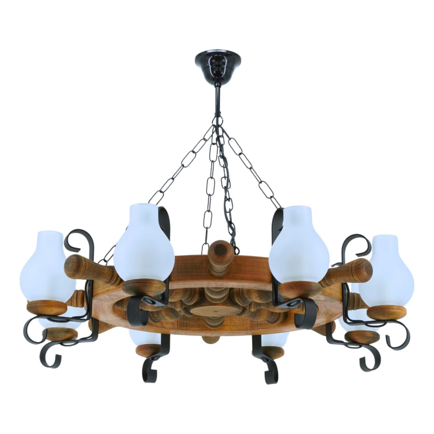 Drevený luster v tvare kormidla s ôsmimi matnými sklenenými tienidlami visí na reťazi z čierneho kovu. Tienidlá sú upevnené na drevených ramenách.